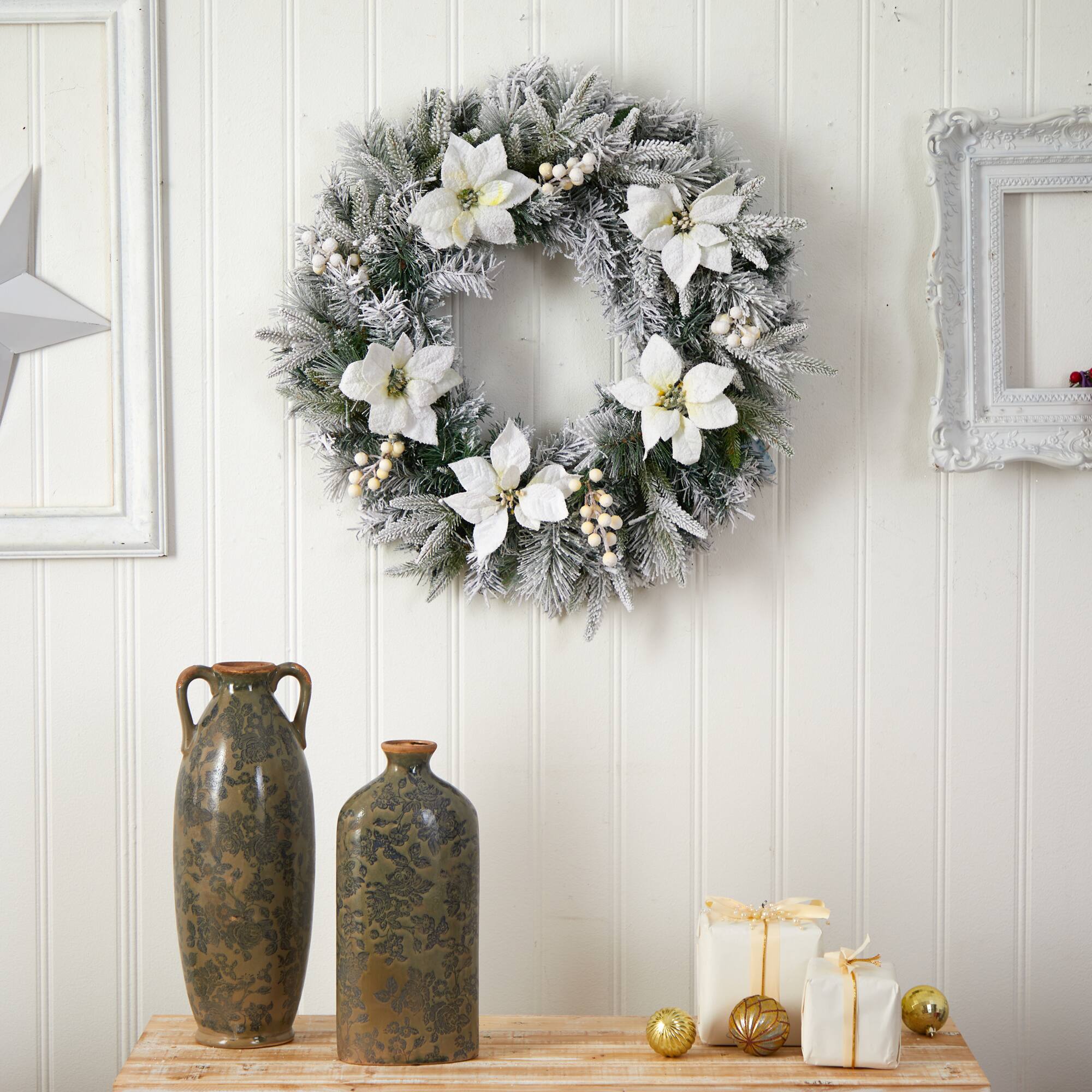 24" White LED Lights Flocked Poinsettia & Pine Artificial Christmas Wreath